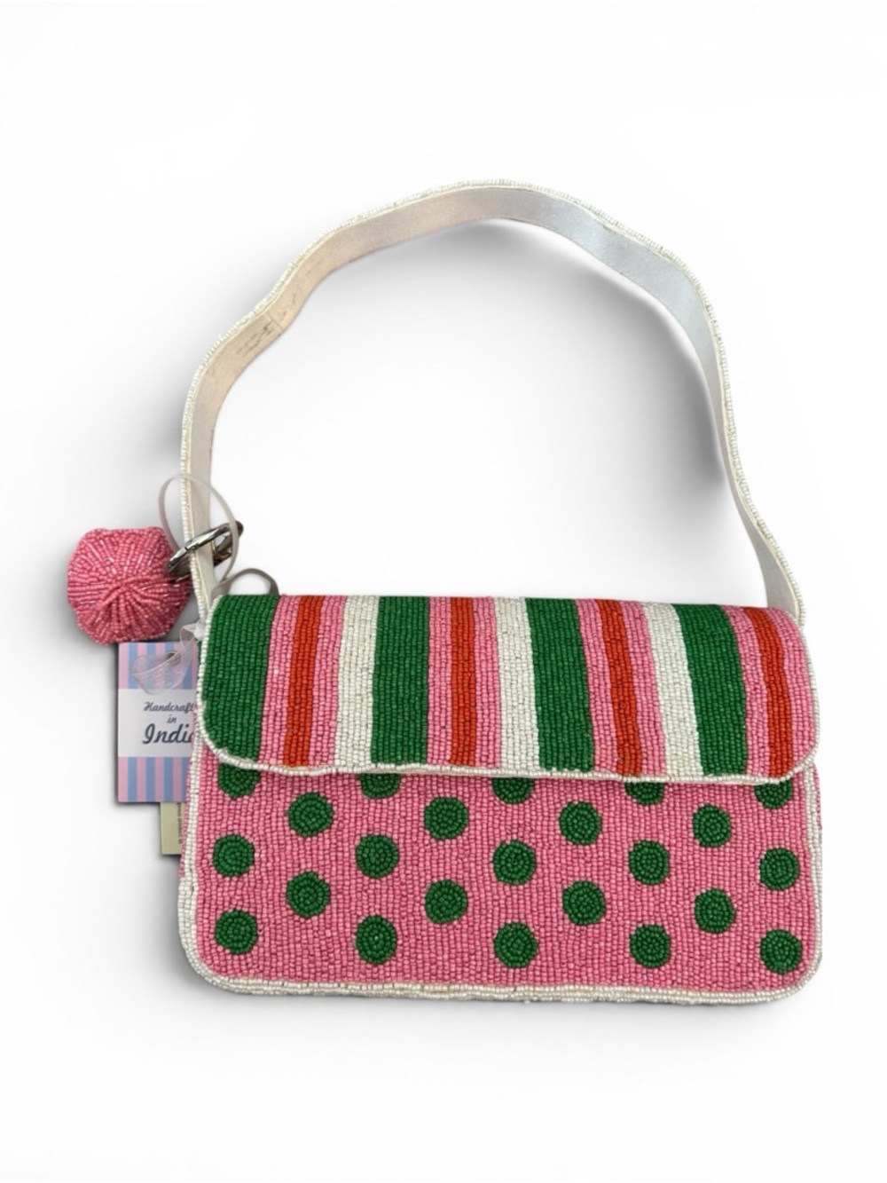 Handcrafted Pink & Green Beaded Shoulder Bag